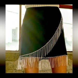 Black wrap rhinestone fringe mini skirt